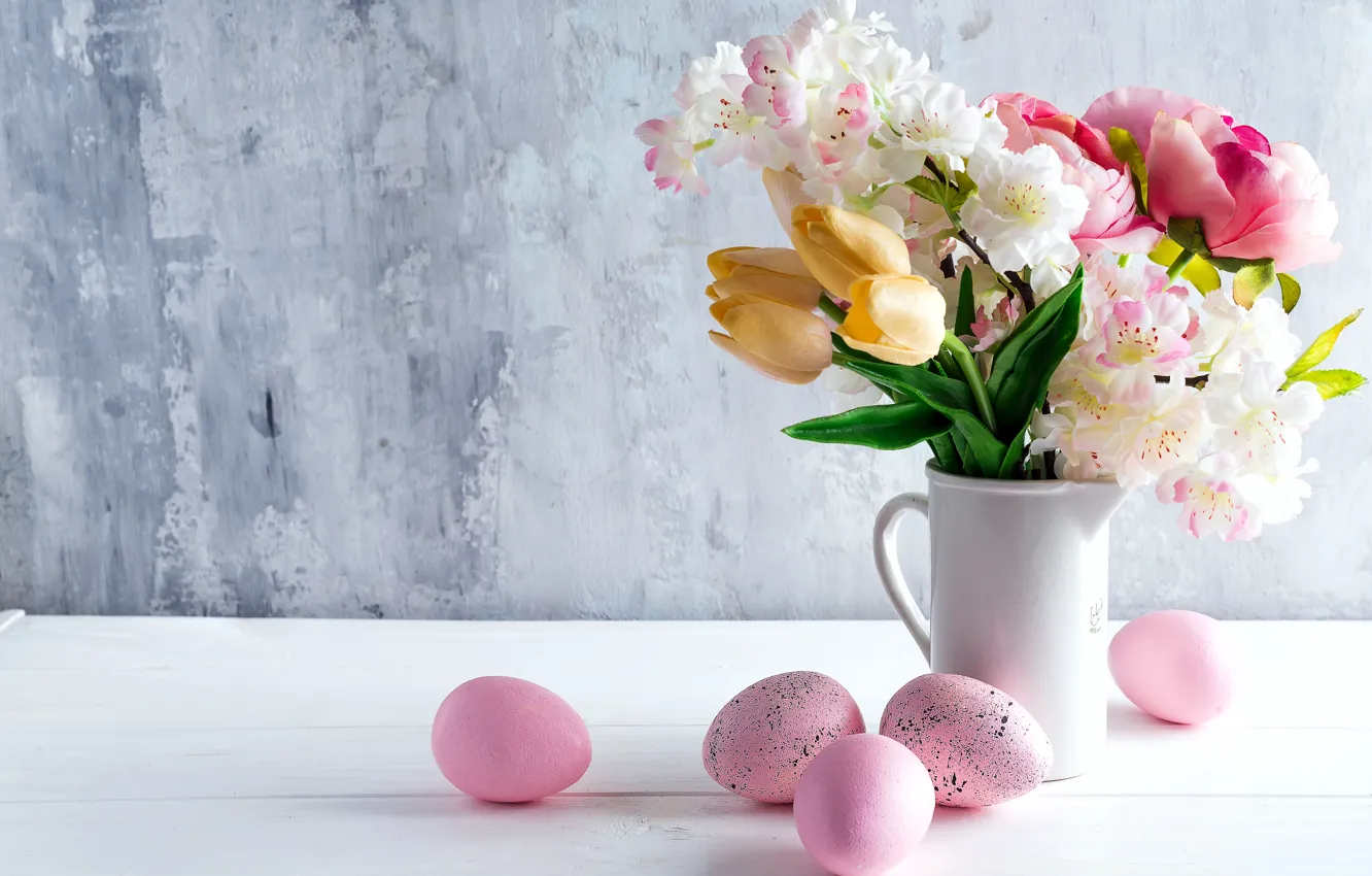 Photo wallpaper flowers, holiday, Easter, tulips, vase, Easter, eggs, Myfoodie
