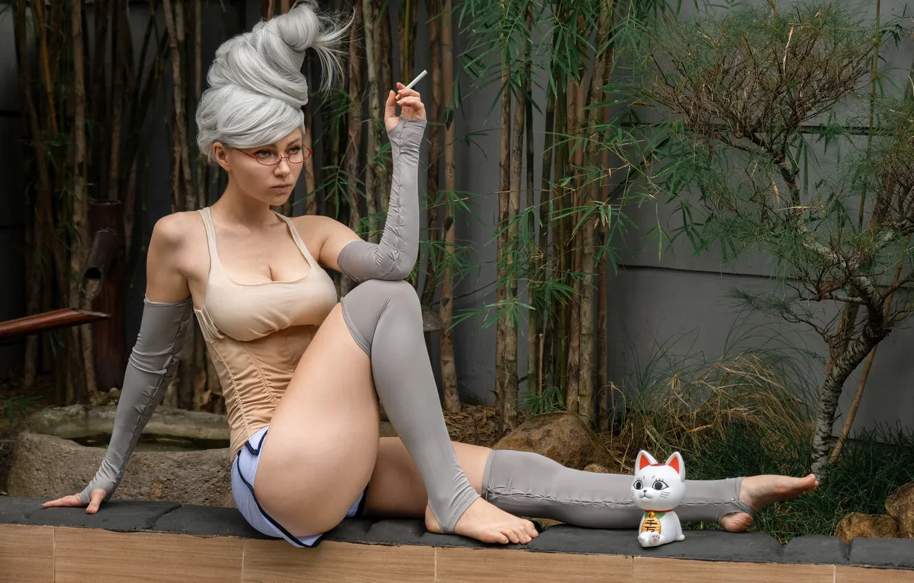 Photo wallpaper women, cosplay, sitting, cigarettes, Women Outdoors, Nancy Novikova, Dandadan, Seiko Ayase