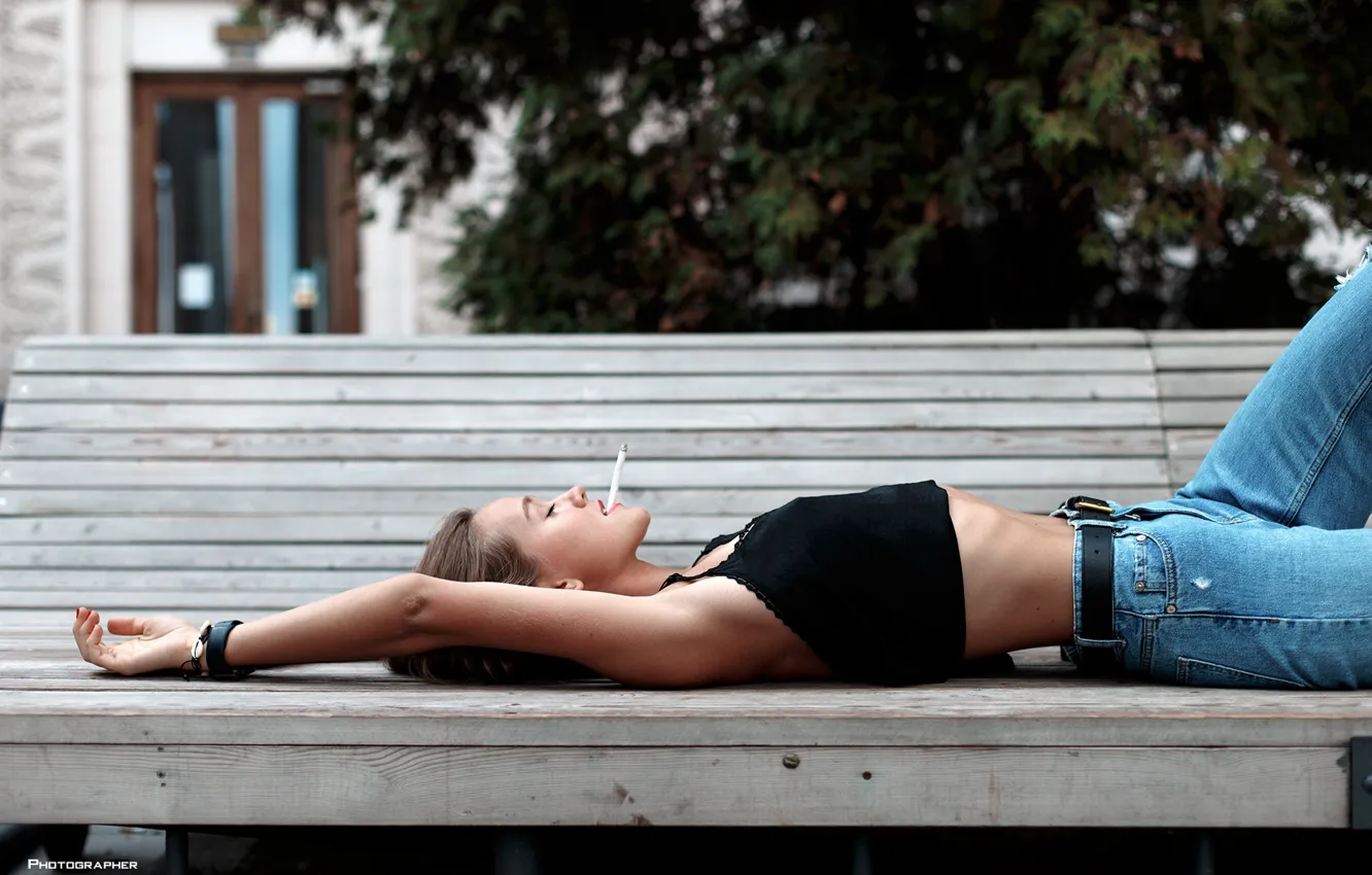 Photo wallpaper bench, pose, model, jeans, makeup, hairstyle, cigarette, lies