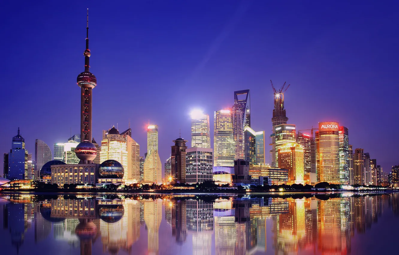 Photo wallpaper water, the city, reflection, Asia, home, the evening, China, Shanghai