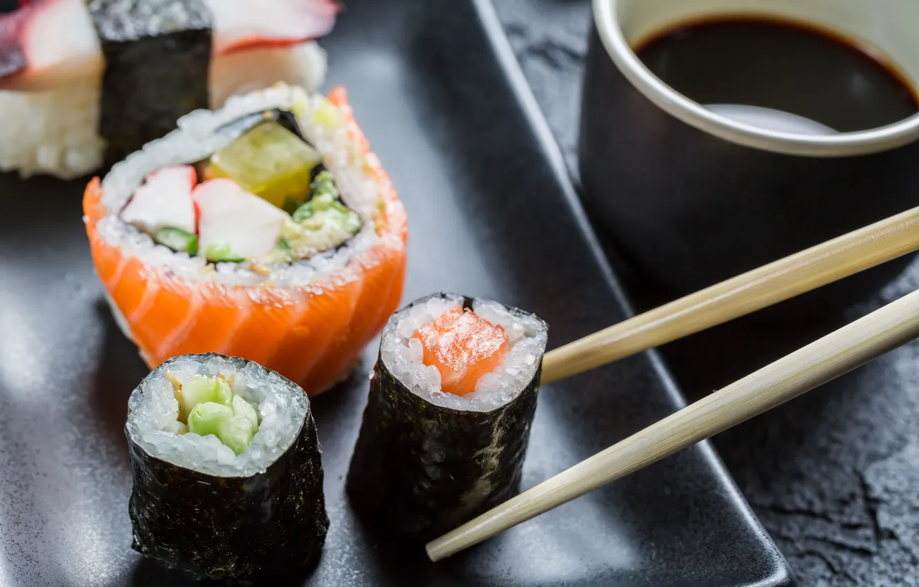 Photo wallpaper fish, rolls, sushi, sushi, fish, rolls, filling, Japanese cuisine