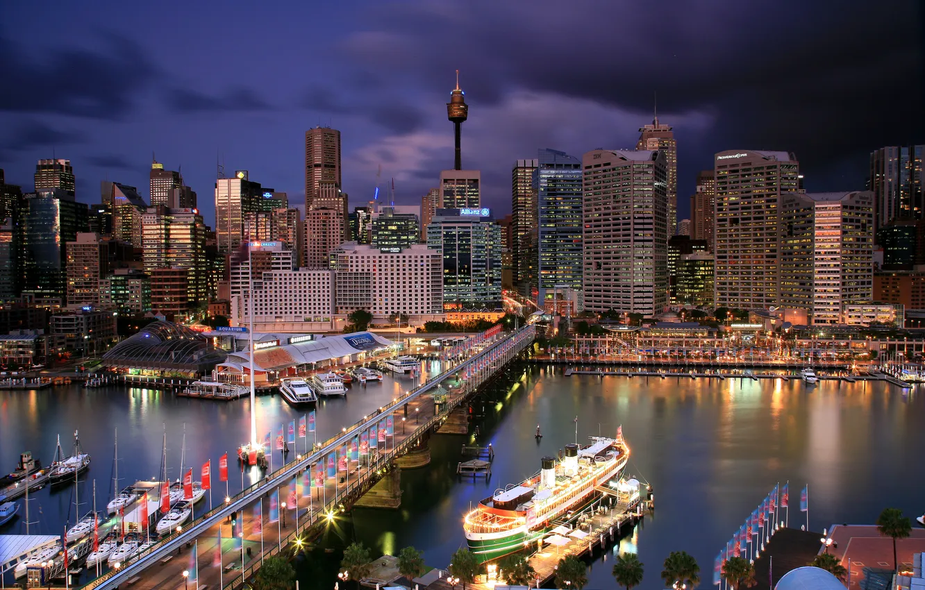 Photo wallpaper bridge, lights, boat, home, the evening, yacht, Australia, Sydney