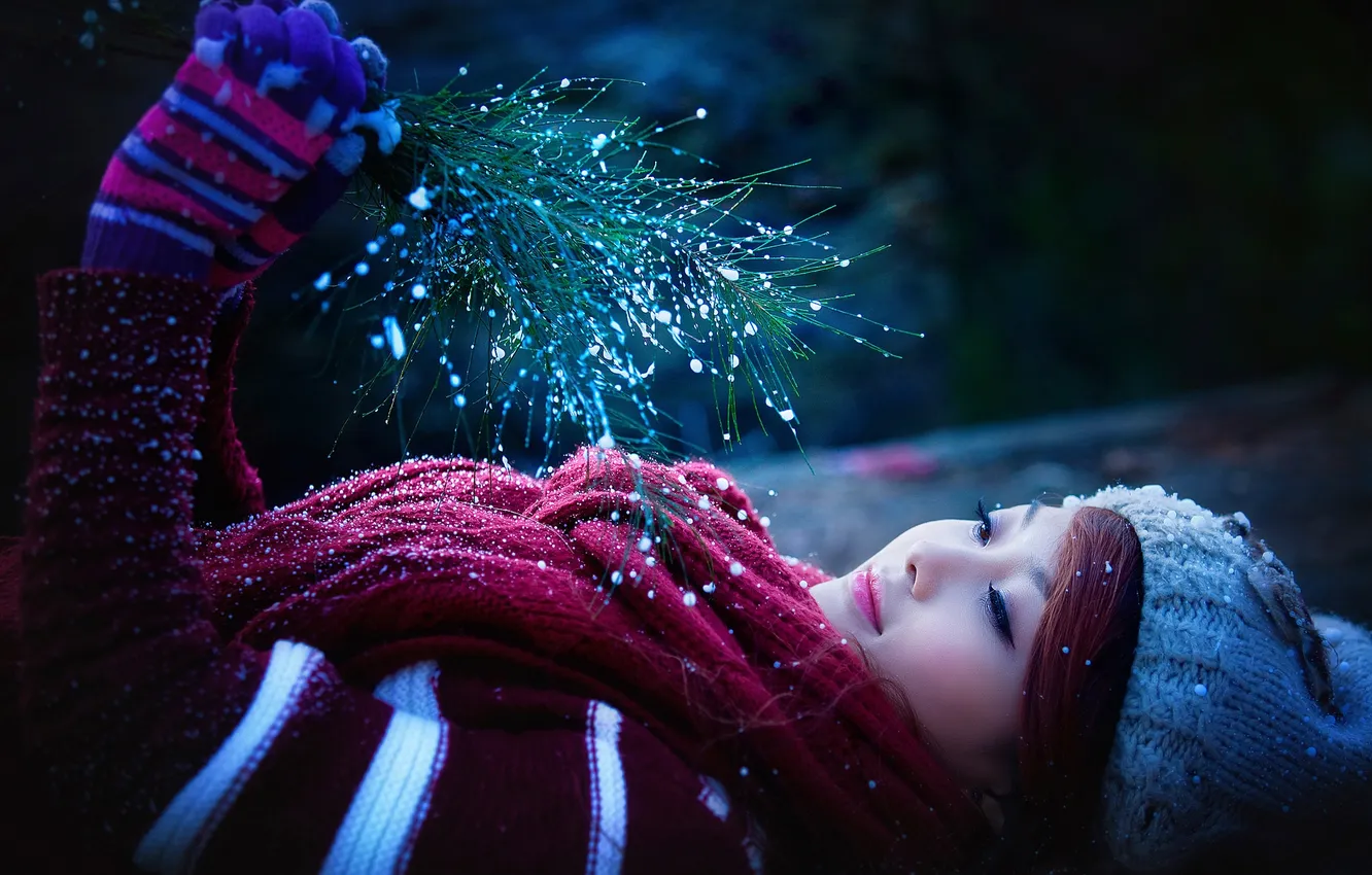 Photo wallpaper snow, smile, scarf, gloves