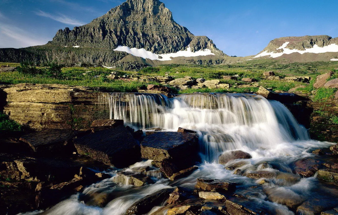 Photo wallpaper the sky, grass, mountains, stream, waterfall