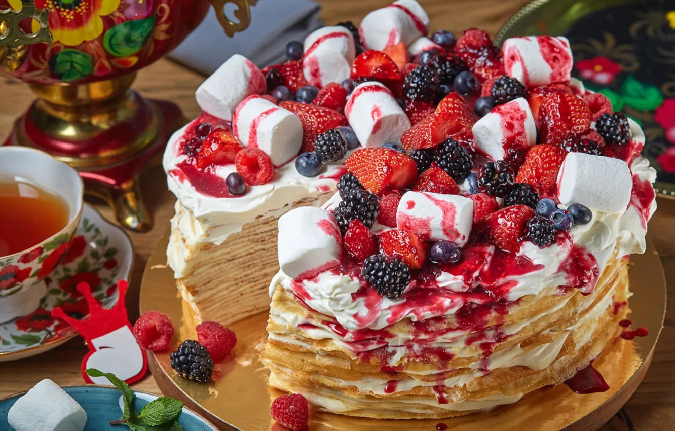 Photo wallpaper berries, raspberry, tea, blueberries, strawberry, cake, samovar, pancakes