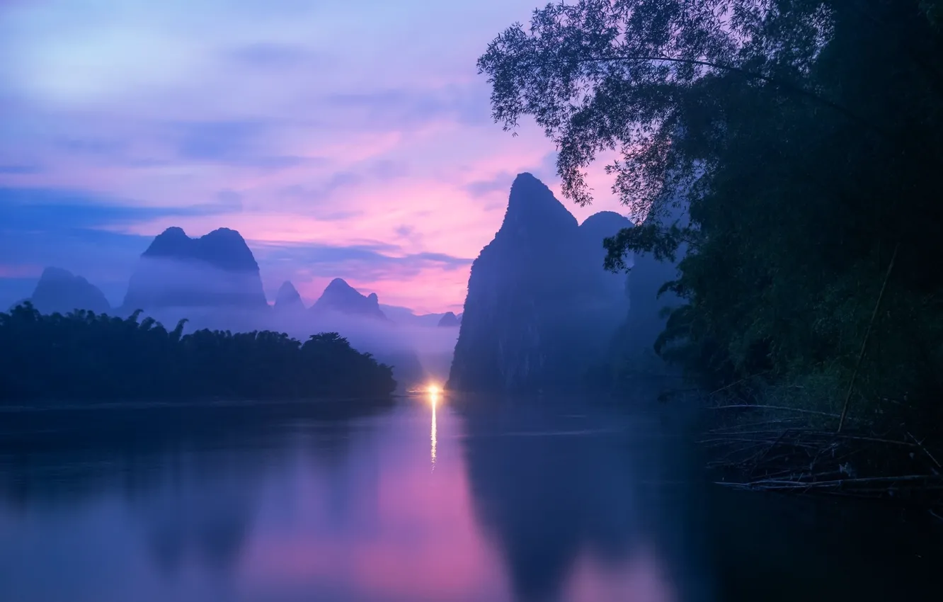Photo wallpaper China, river, sky, trees, landscape, nature, water, mountains
