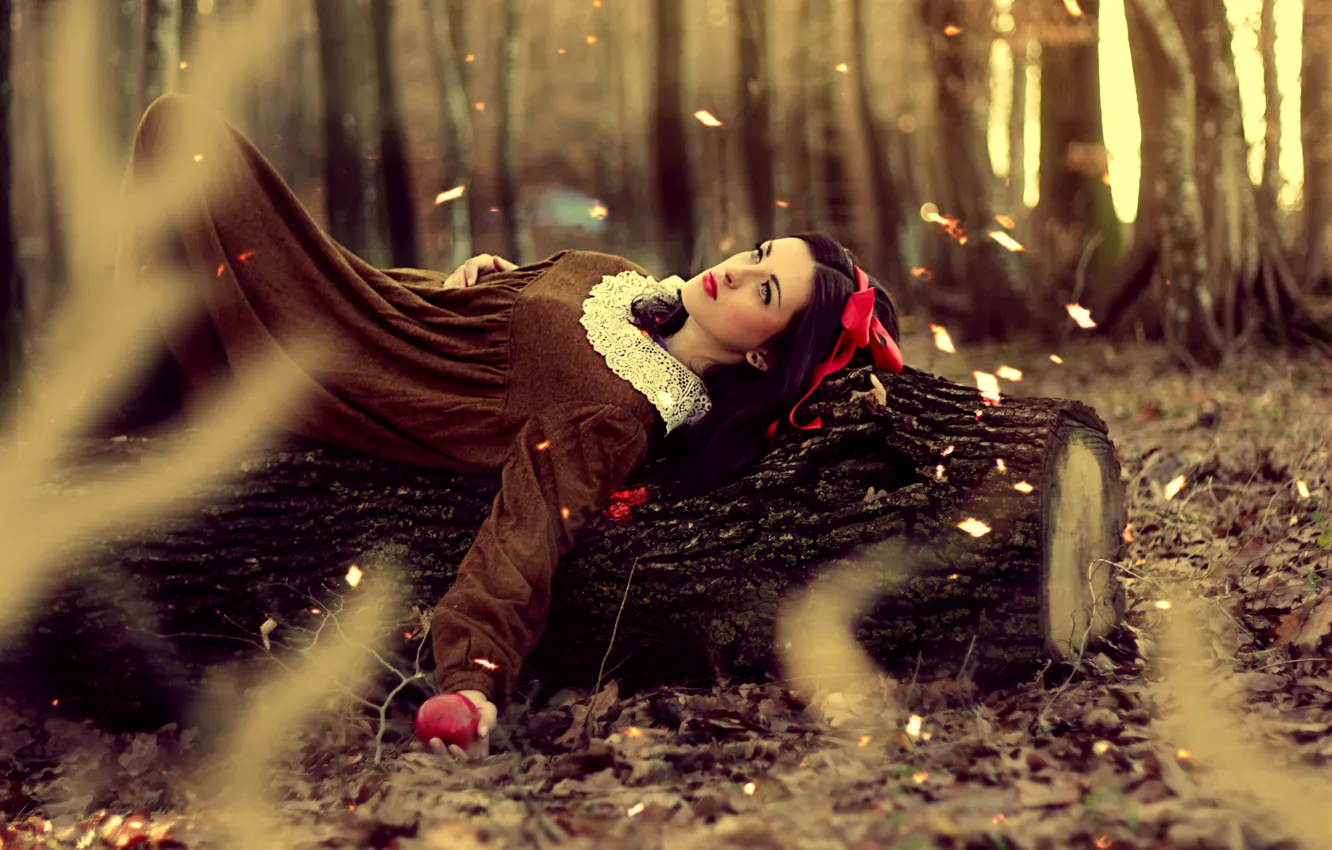Photo wallpaper autumn, leaves, girl, trees, nature, hair, apples, makeup