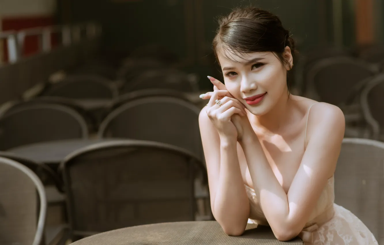 Photo wallpaper look, smile, waiting, table, smile, charm, look, table