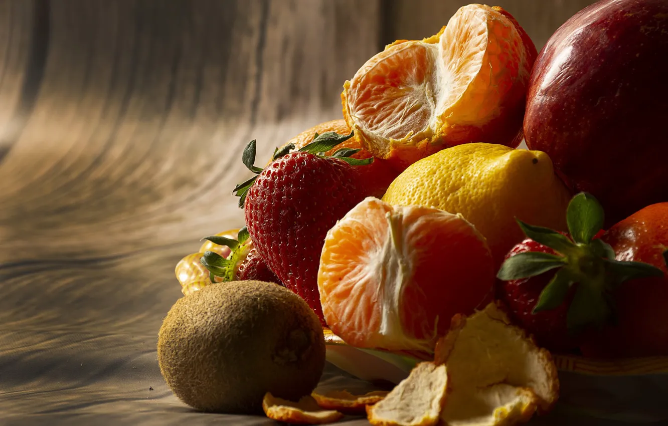 Photo wallpaper lemon, apples, orange, kiwi, strawberry, fruit, tangerines, cuts