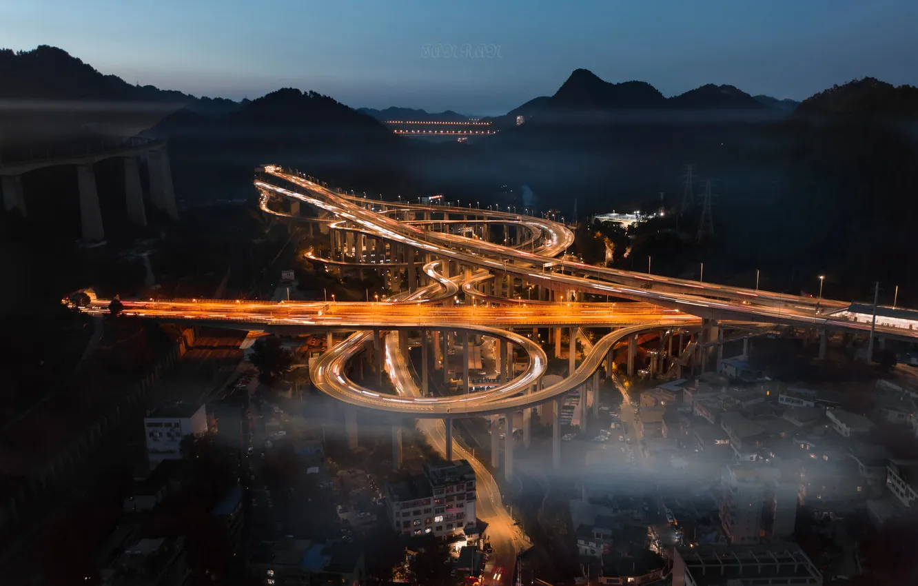 Photo wallpaper road, night, the city, lights, interchange