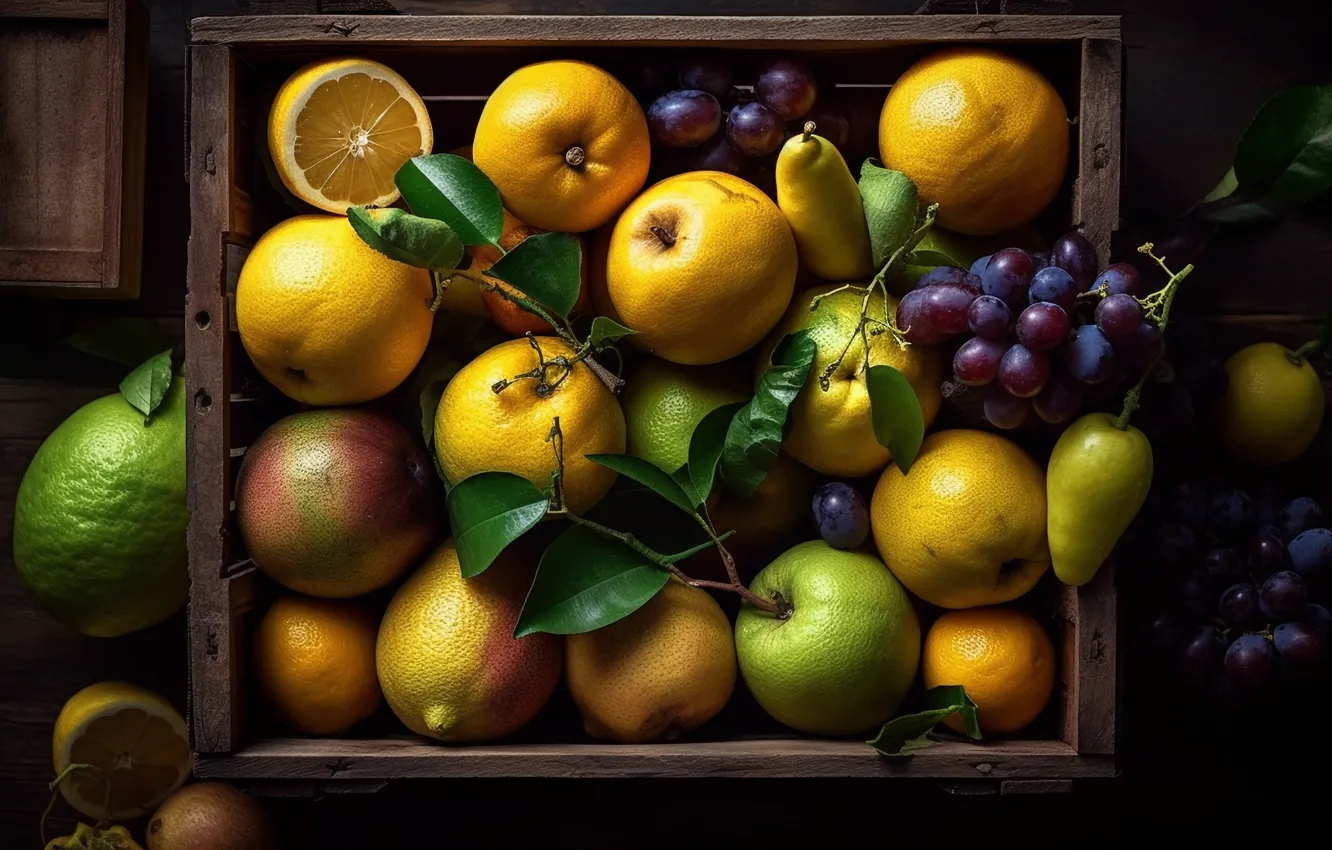 Photo wallpaper leaves, lemon, food, grapes, lime, citrus, fruit, box