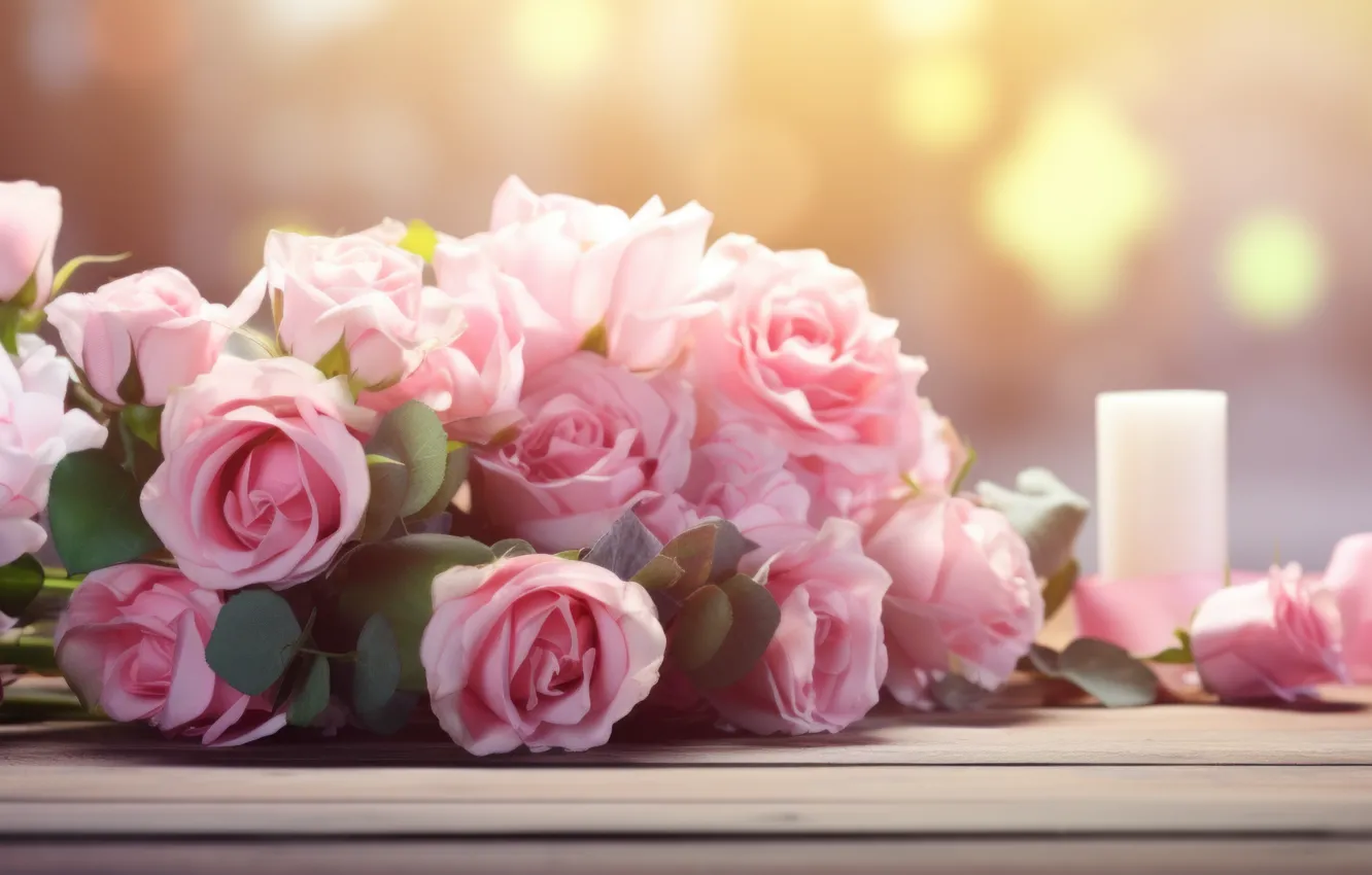 Photo wallpaper flowers, holiday, roses, bouquet, candles, AI art, universal holiday background, neural network