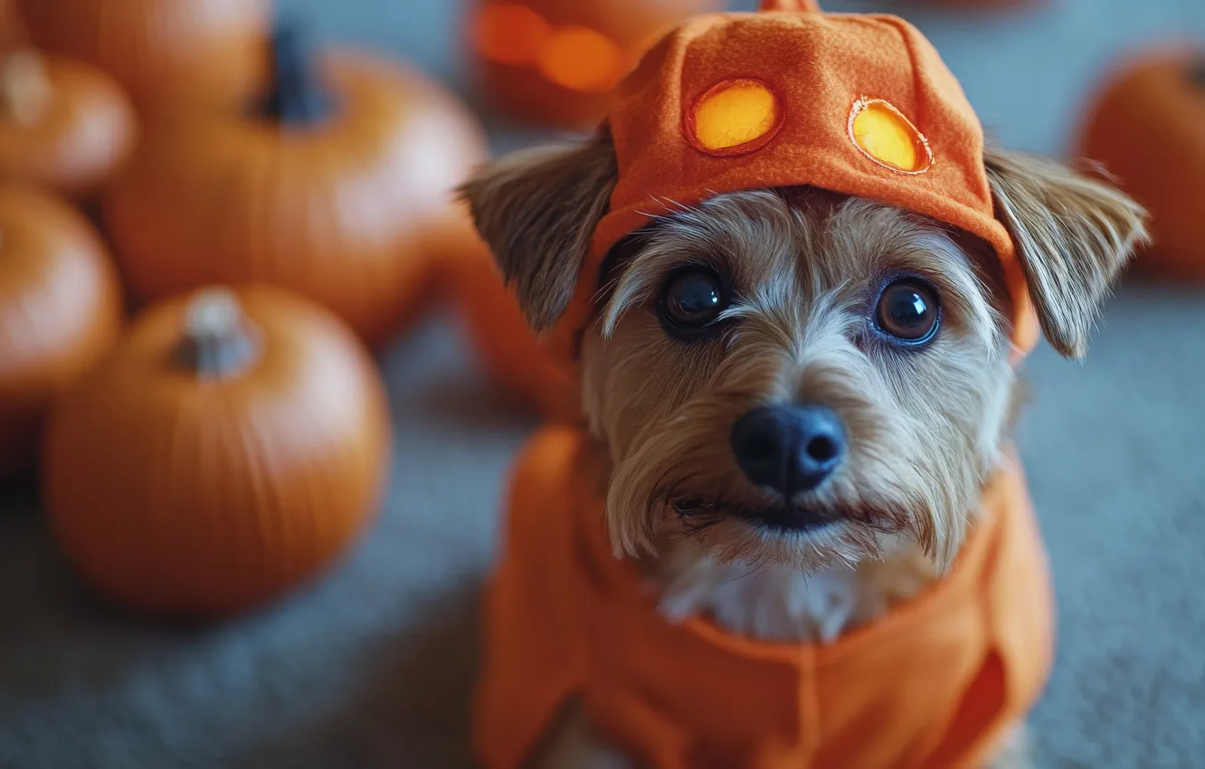Photo wallpaper autumn, look, holiday, dog, costume, outfit, pumpkin, Halloween