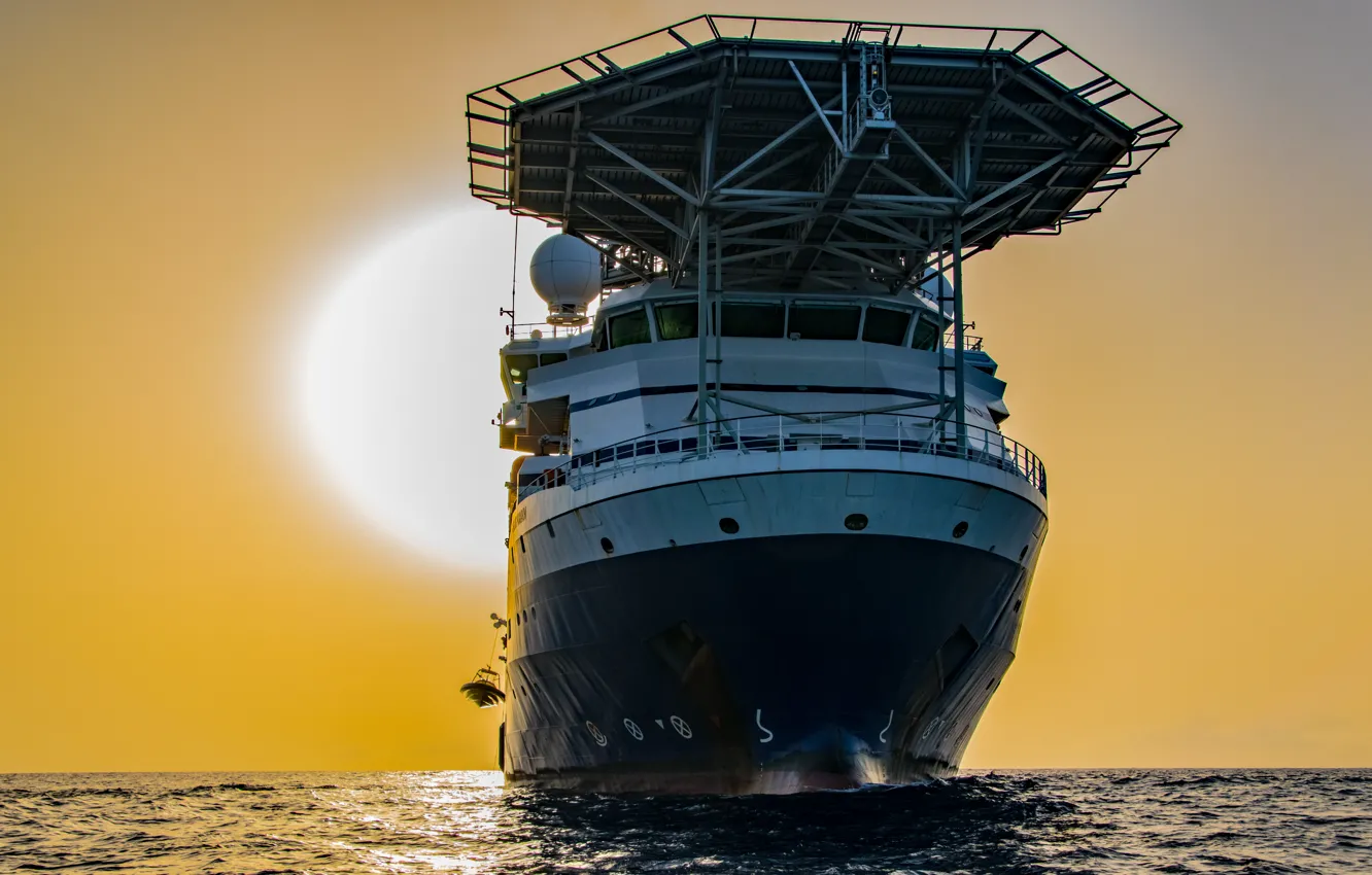 Photo wallpaper sea, the sun, dawn, ship