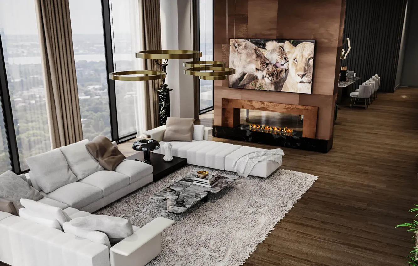 Photo wallpaper design, style, interior, fireplace, living room, dining room, luxury apartment, by LEMON interior design