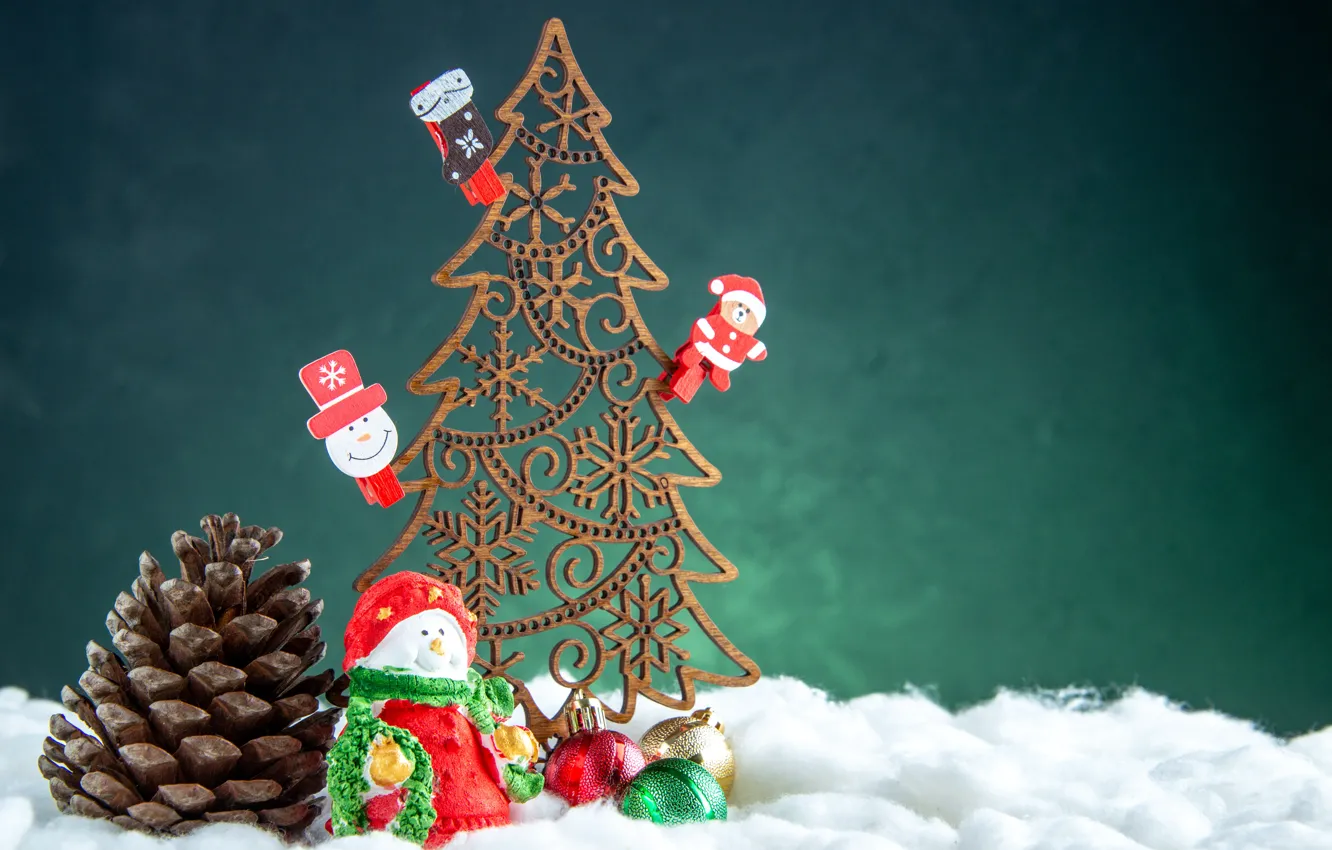 Photo wallpaper balls, snowflakes, pattern, toy, new year, silhouette, Christmas, bear