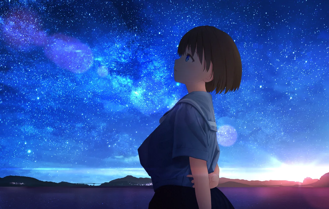 Photo wallpaper the sky, water, stars, schoolgirl