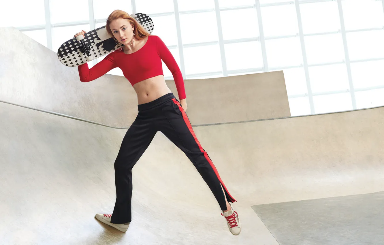 Photo wallpaper pose, sneakers, Mike, figure, actress, red, skate, skateboard