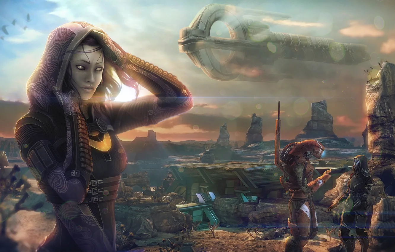 Photo wallpaper mass effect, art, Drill vas Normandy, geth, tali, quarian, space ship, Tali'Zora You Nima