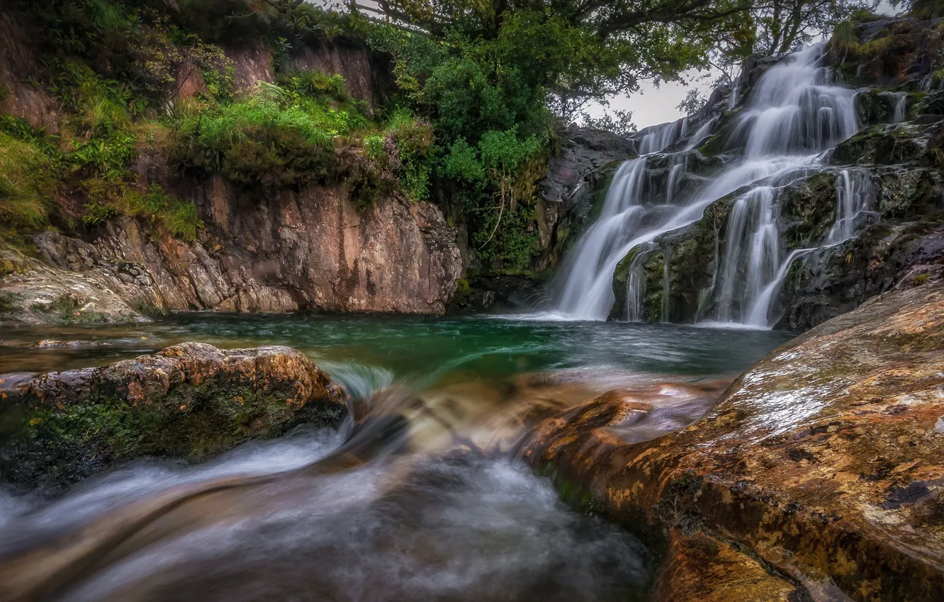 Photo wallpaper lake, rocks, waterfall, stream, Wales