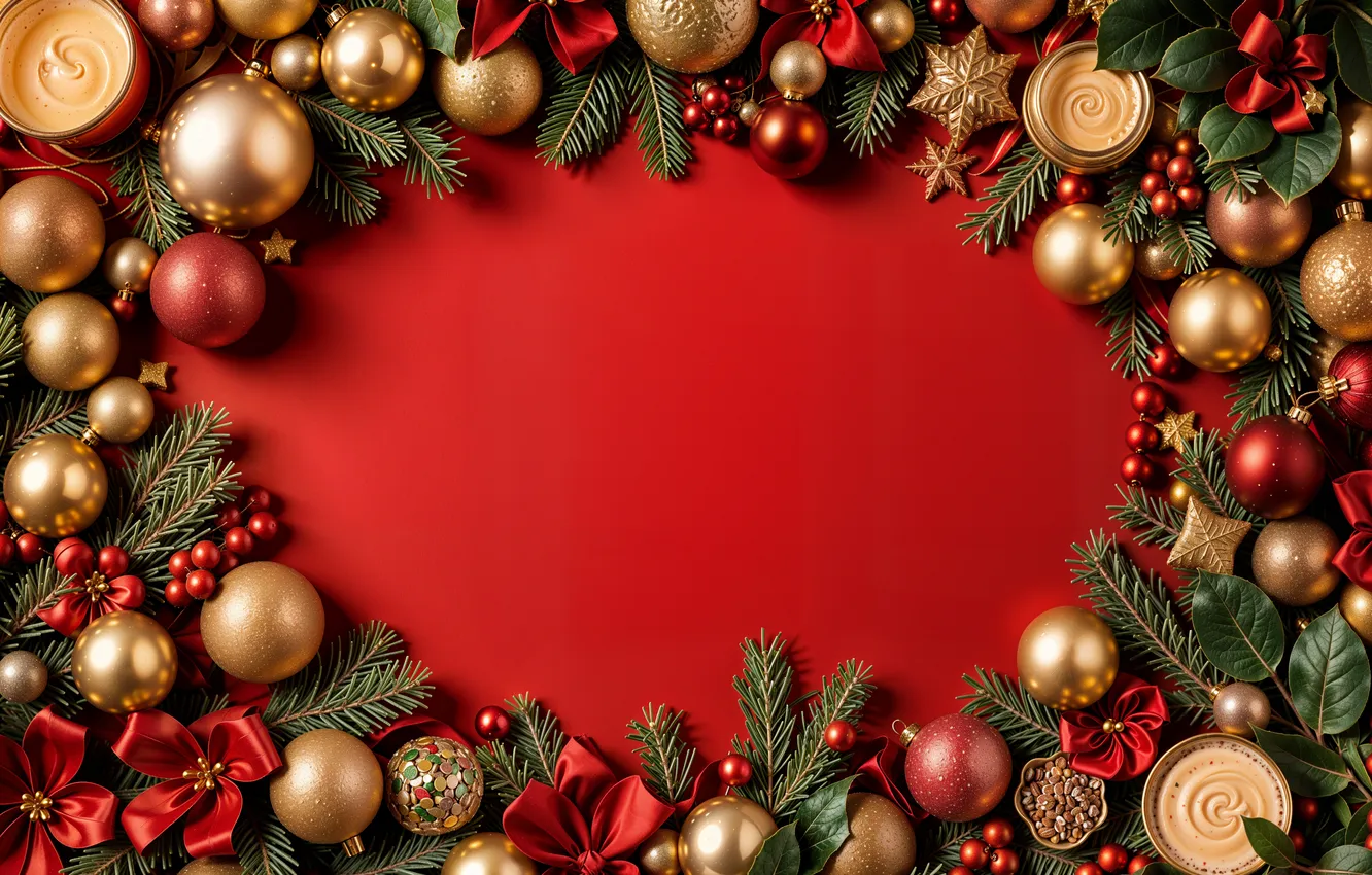 Photo wallpaper decoration, balls, new year, Christmas, golden, Christmas, balls, red background