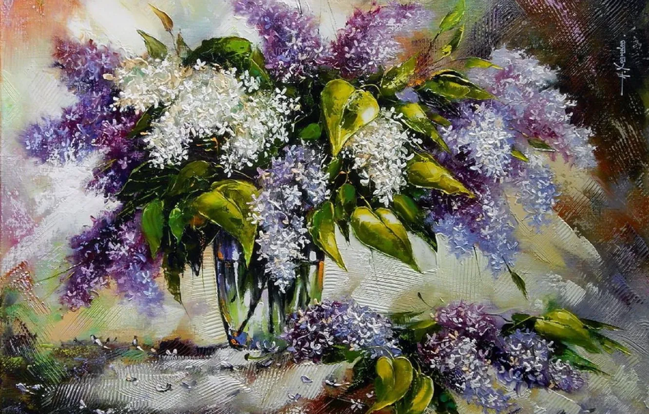 Photo wallpaper leaves, flowers, oil, picture, vase, still life, painting, canvas