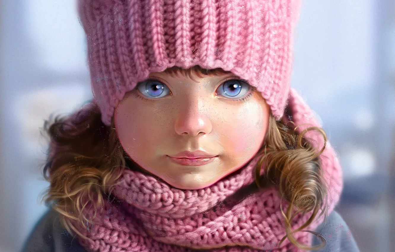 Photo wallpaper face, hat, portrait, scarf, girl, freckles, pink, blue eyes