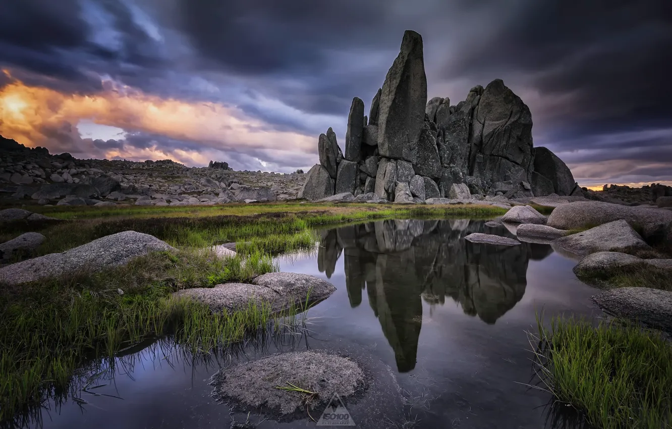 Photo wallpaper the sky, grass, water, clouds, reflection, stones, rocks, Australia