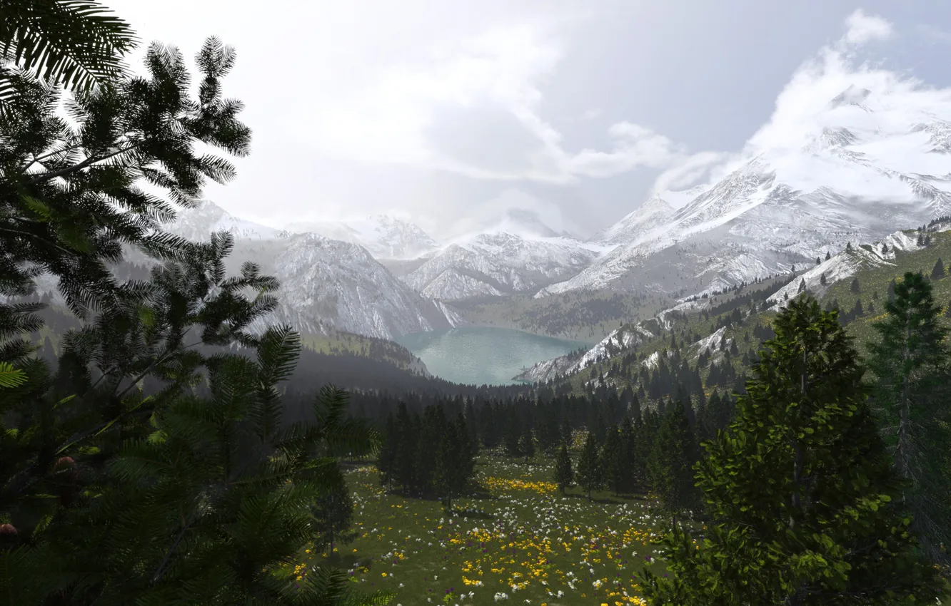 Photo wallpaper snow, trees, mountains, nature, lake, valley, art, peak