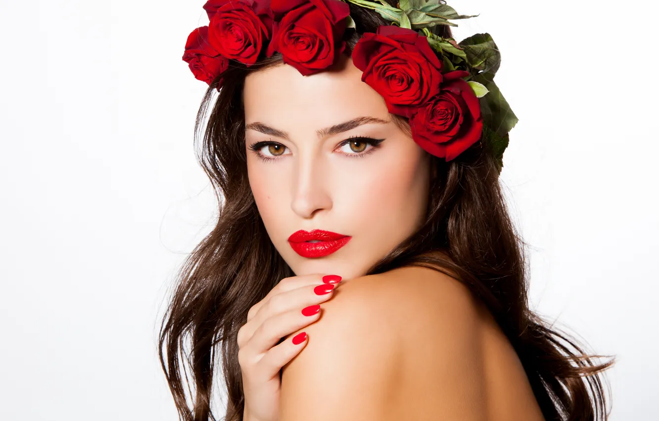 Photo wallpaper look, girl, flowers, background, model, makeup, wreath, heresnye lips