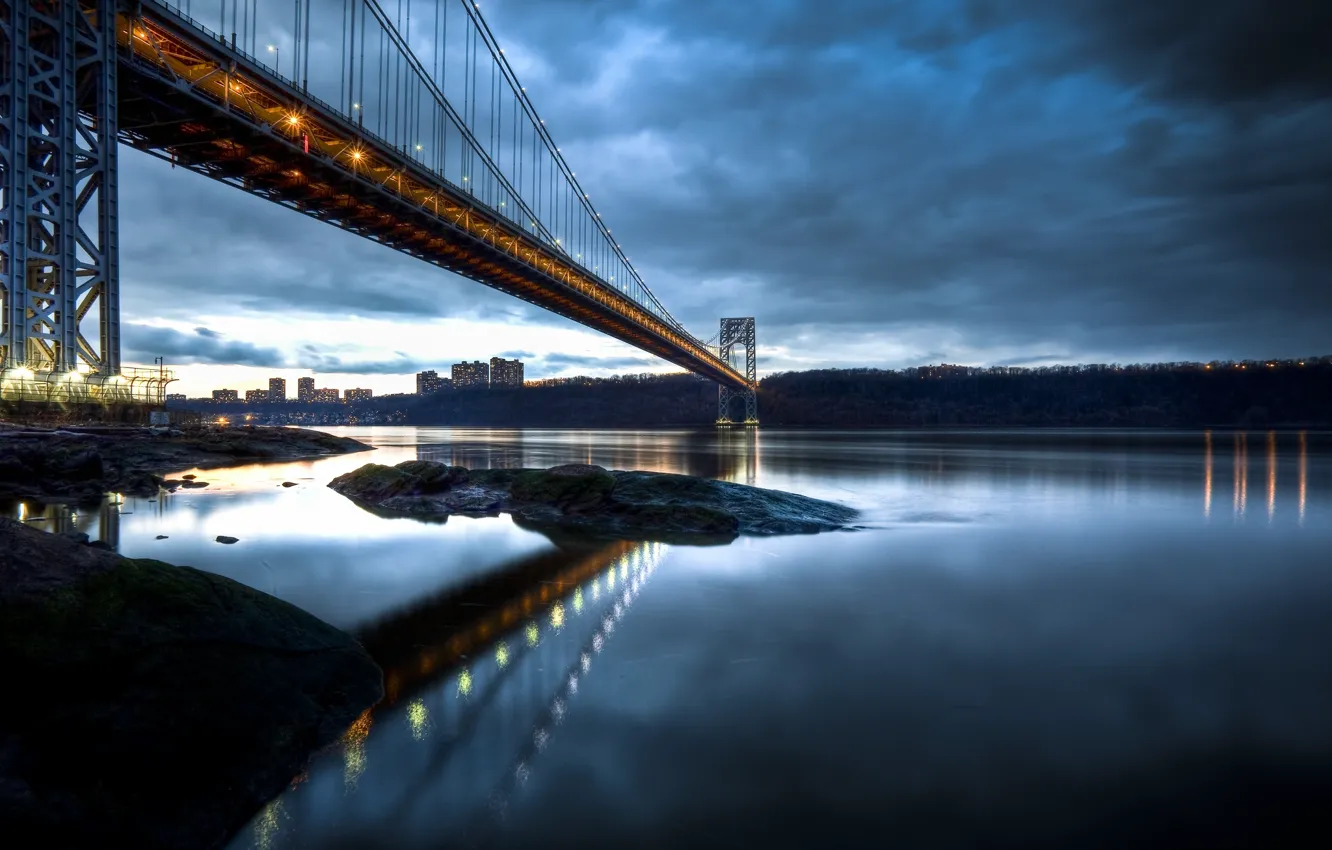 Photo wallpaper the city, river, overcast, coast, New York, the evening, USA, USA
