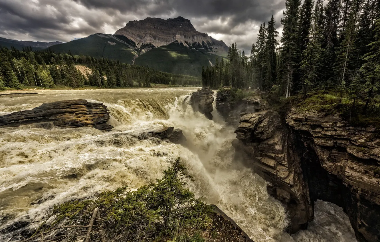 Photo wallpaper mountains, river, waterfall, stream