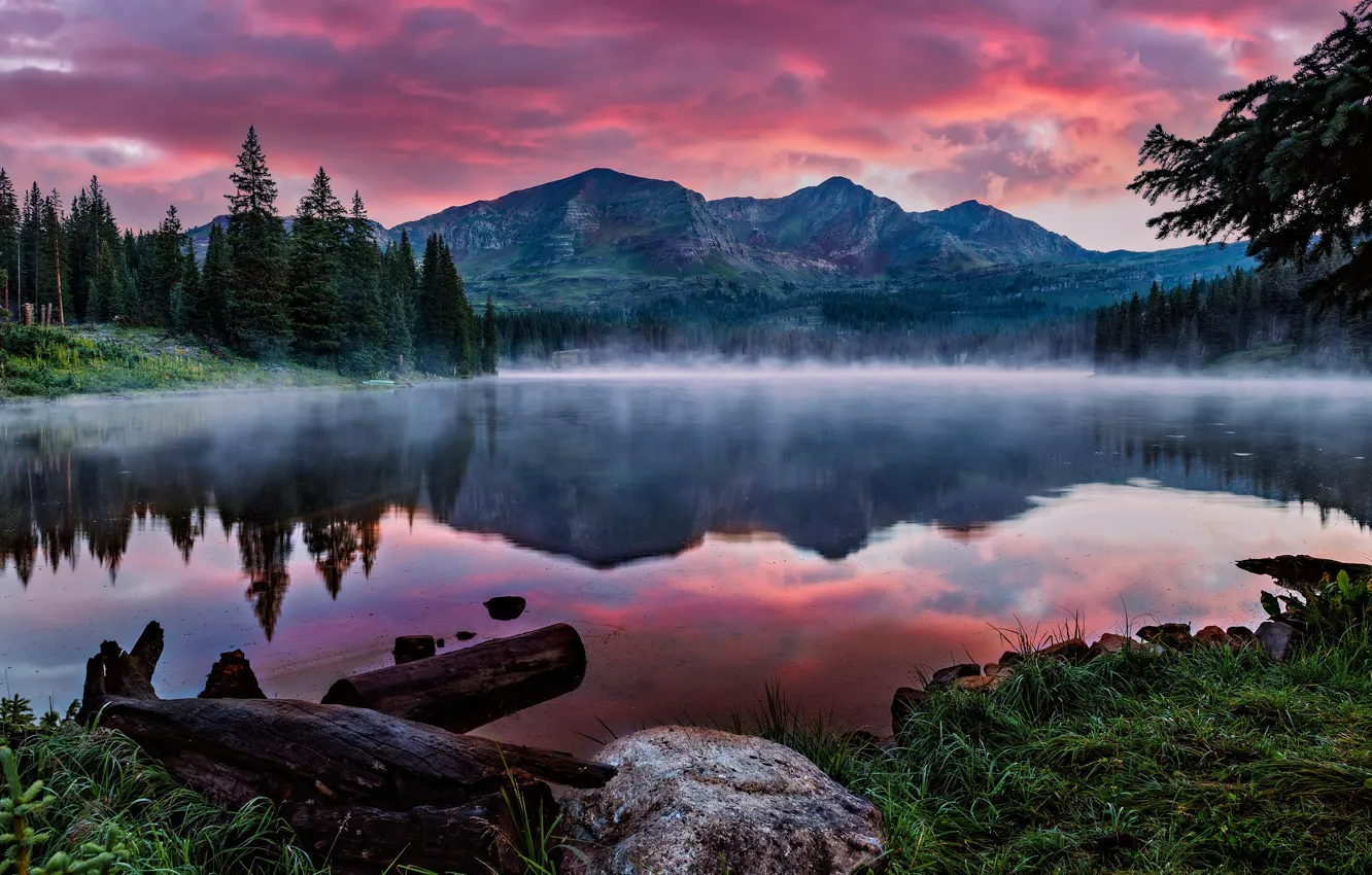 Photo wallpaper forest, the sky, clouds, sunset, mountains, fog, lake, reflection