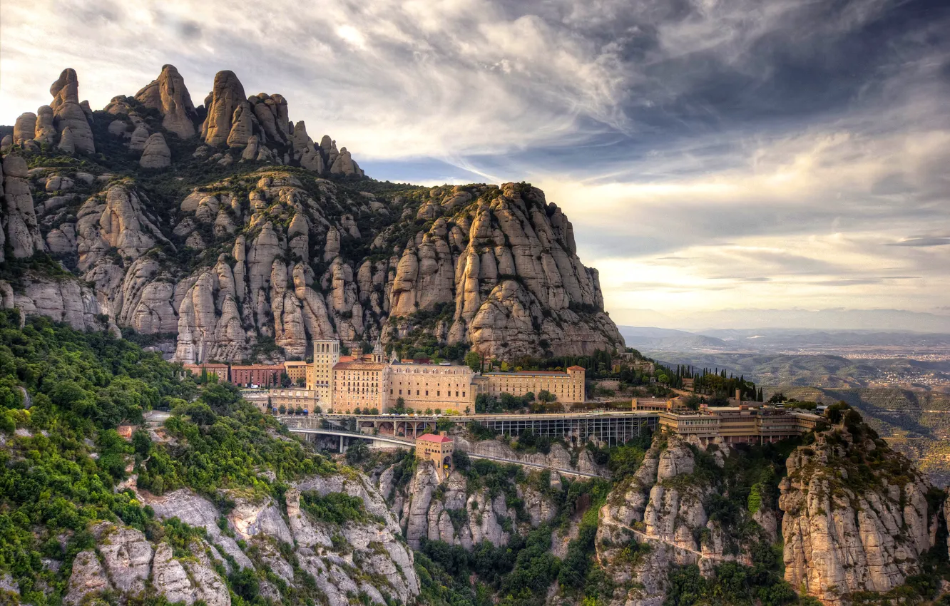 Photo wallpaper clouds, landscape, mountains, nature, Cathedral, Spain, the monastery, Barcelona