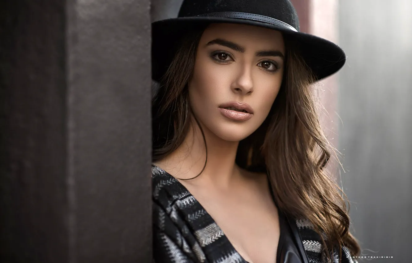 Photo wallpaper look, pose, model, portrait, hat, makeup, hairstyle, brown hair