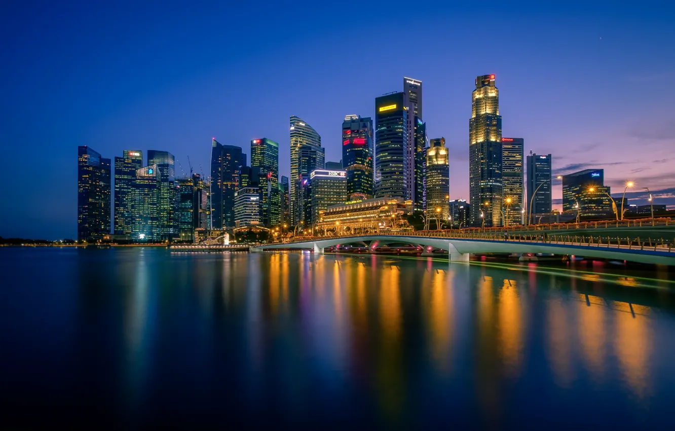 Photo wallpaper night, lights, Singapore, skyline, Singapore, Marina Bay, Merlion Park