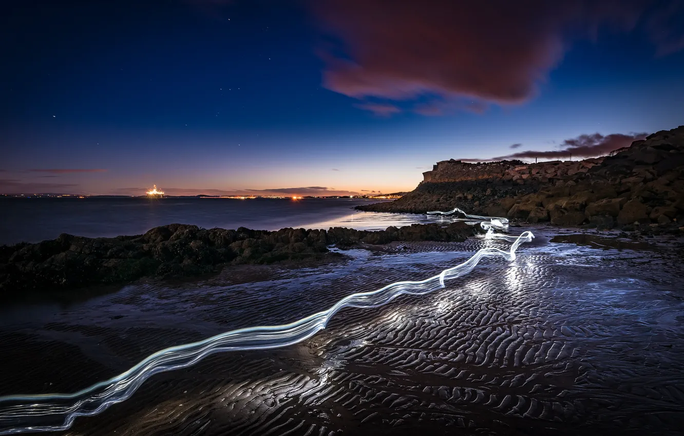 Photo wallpaper sea, light, night, shore, trail