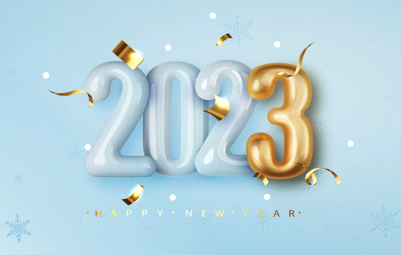 Photo wallpaper snowflakes, new year, figures, gold plated, blue background, date, Surround, 2023