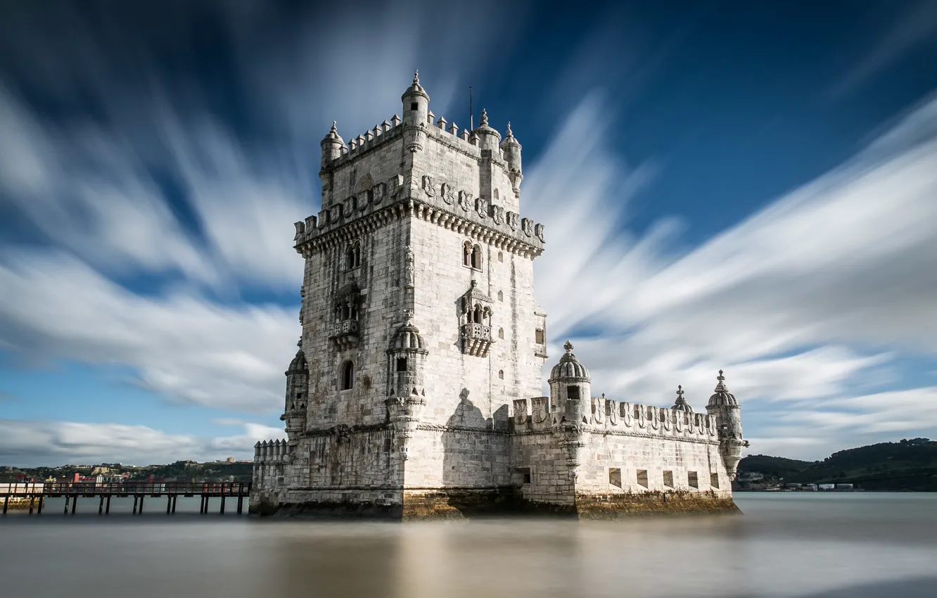 Photo wallpaper the sky, clouds, bridge, old, blue, castle, shore, view