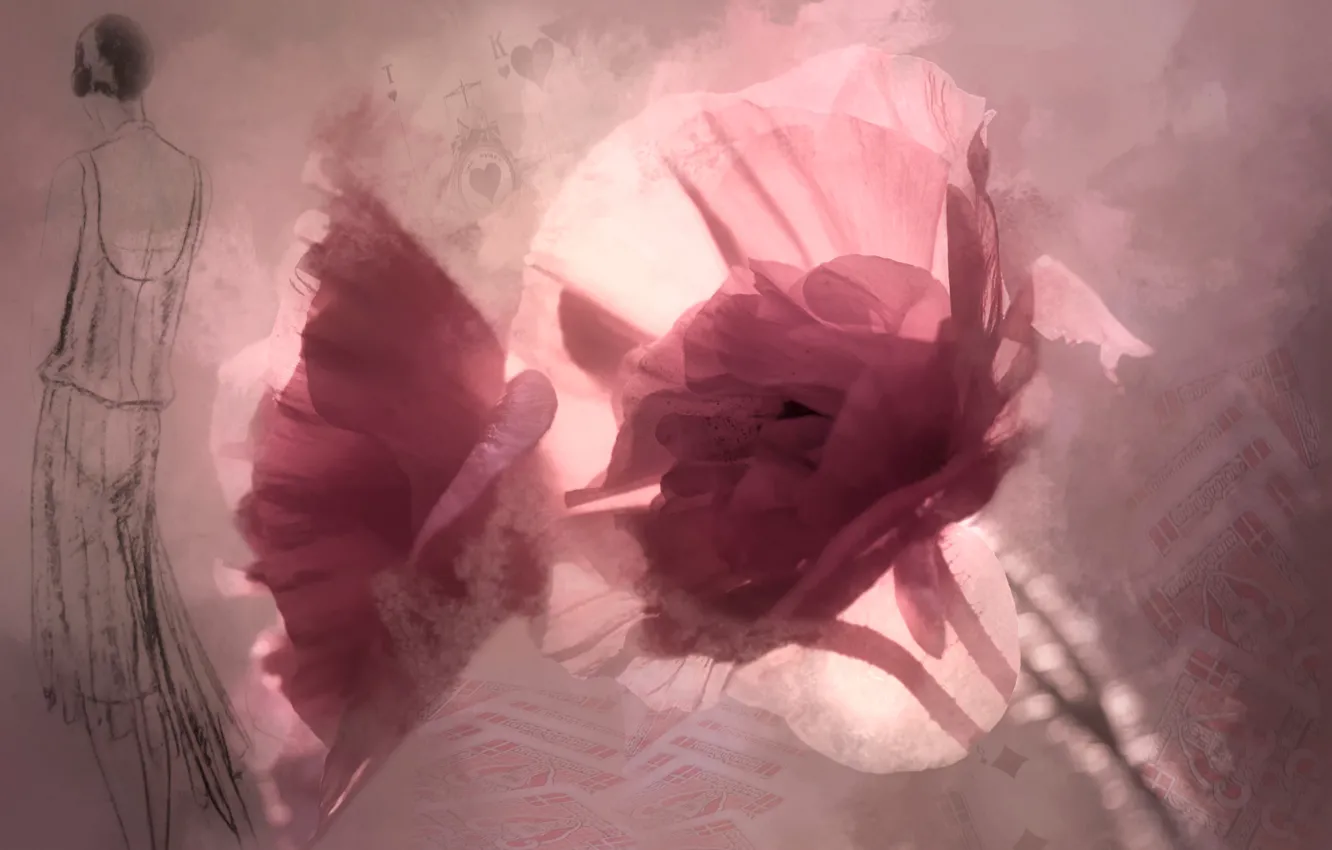 Photo wallpaper flowers, figure, map, silhouette of a girl, Solitaire