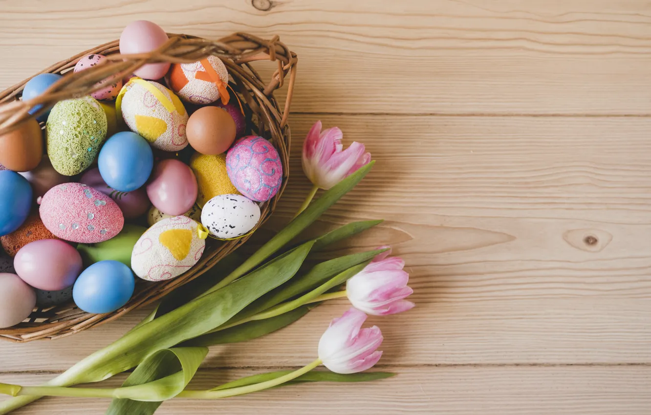 Photo wallpaper holiday, eggs, Easter, tulips