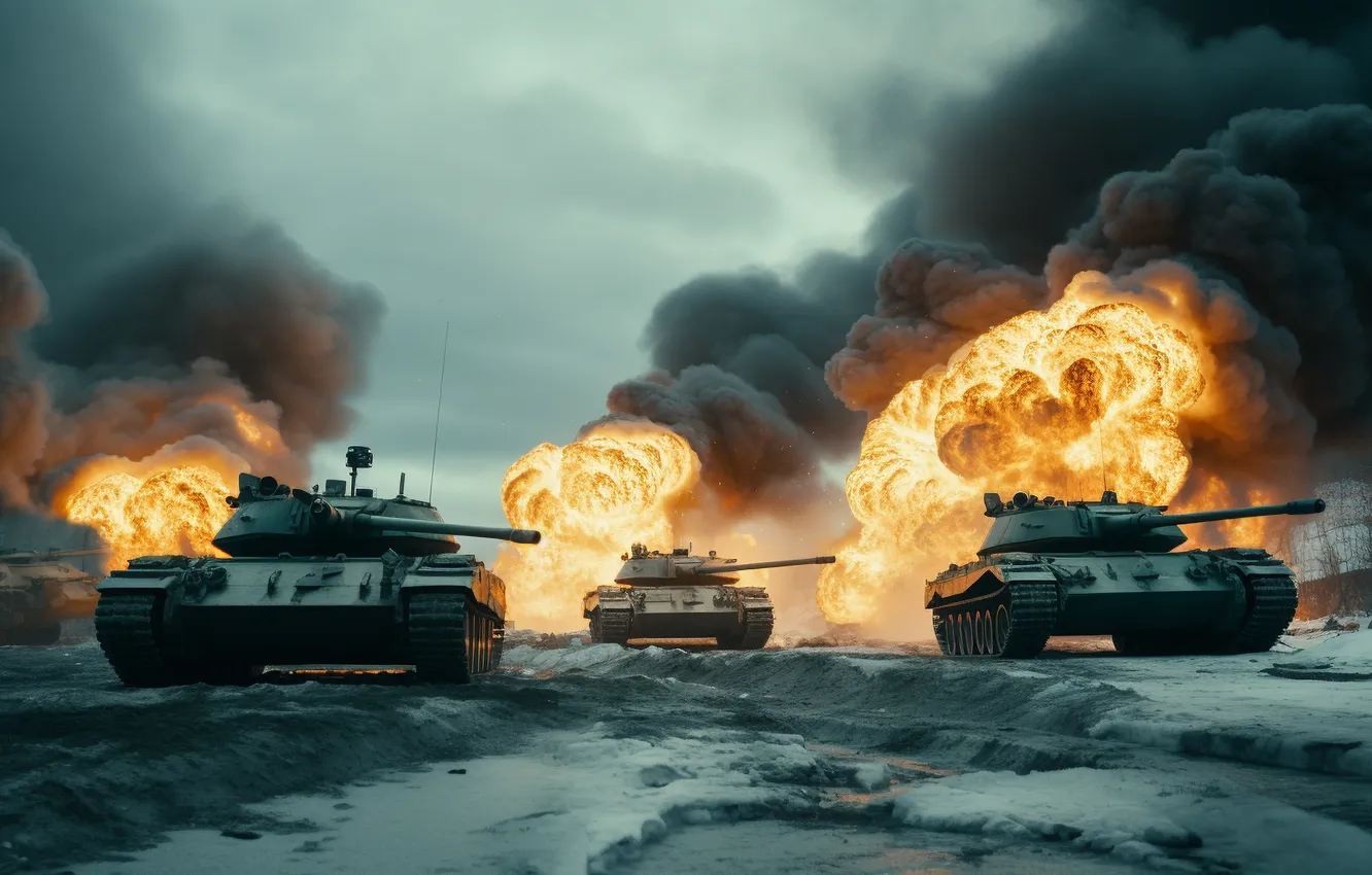 Photo wallpaper winter, snow, the explosion, lights, smoke, tank, digital art, AI art