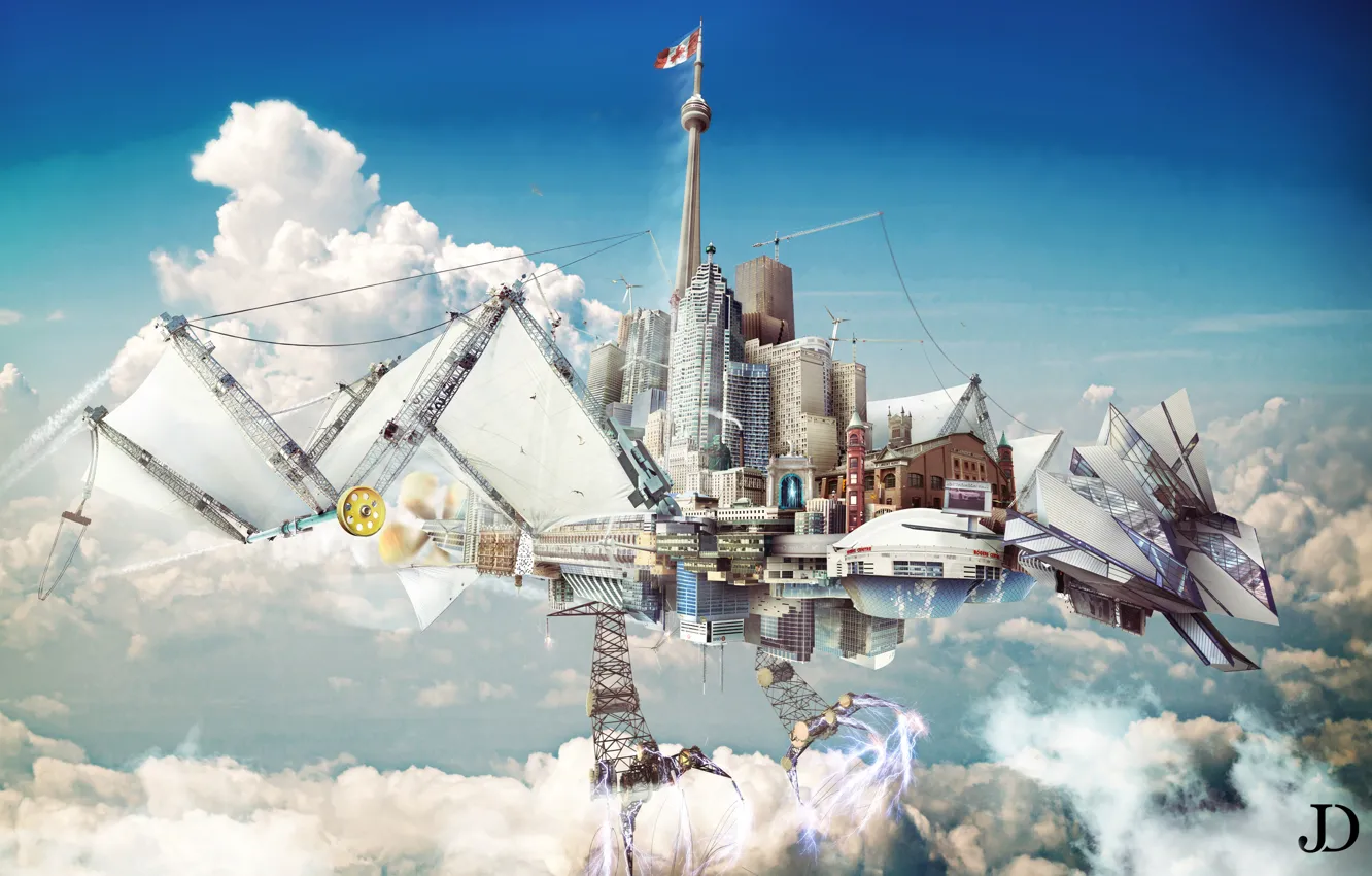 Photo wallpaper the sky, the city, collage, render, digital art, the mechanical phoenix