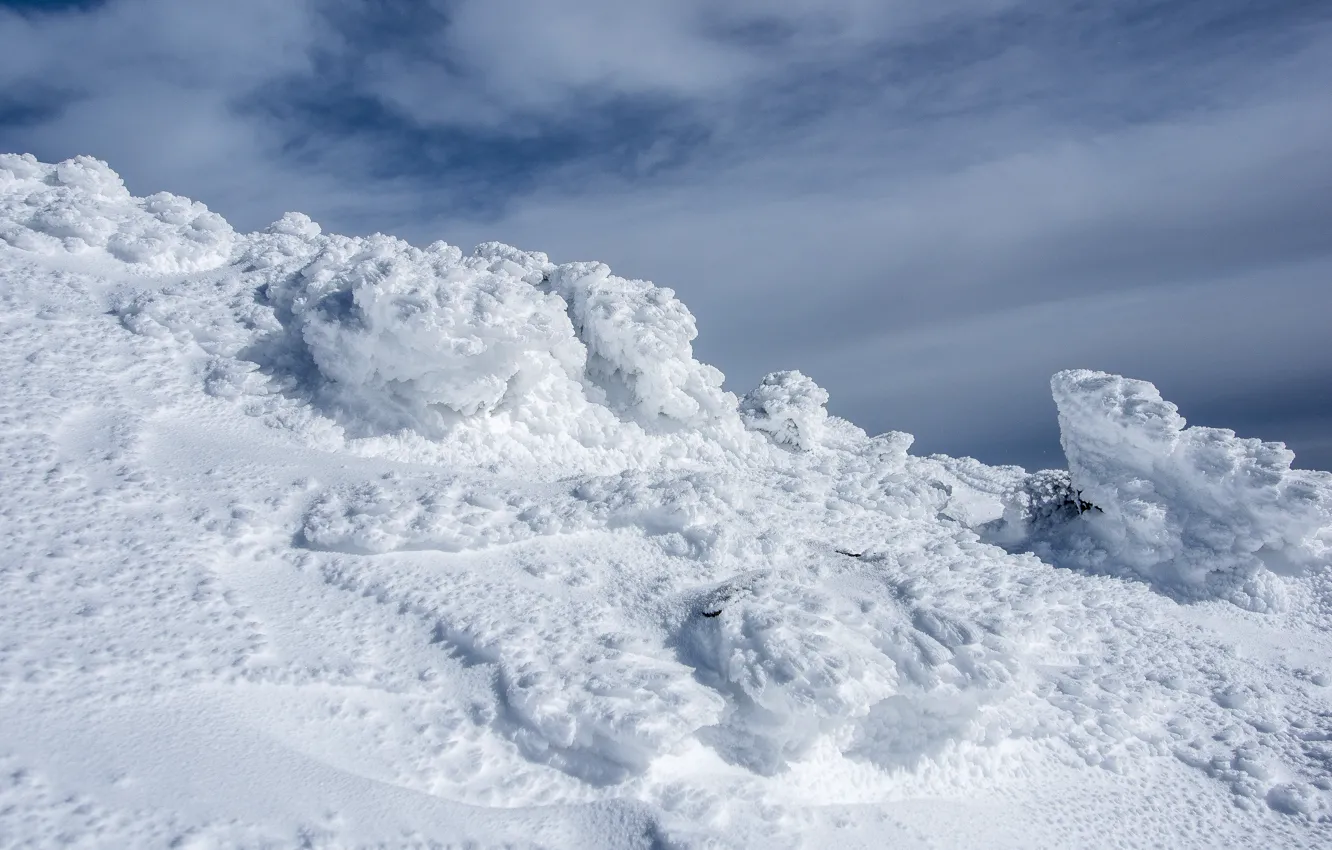 Photo wallpaper ice, winter, the sky, clouds, snow, mountains, nature, blue