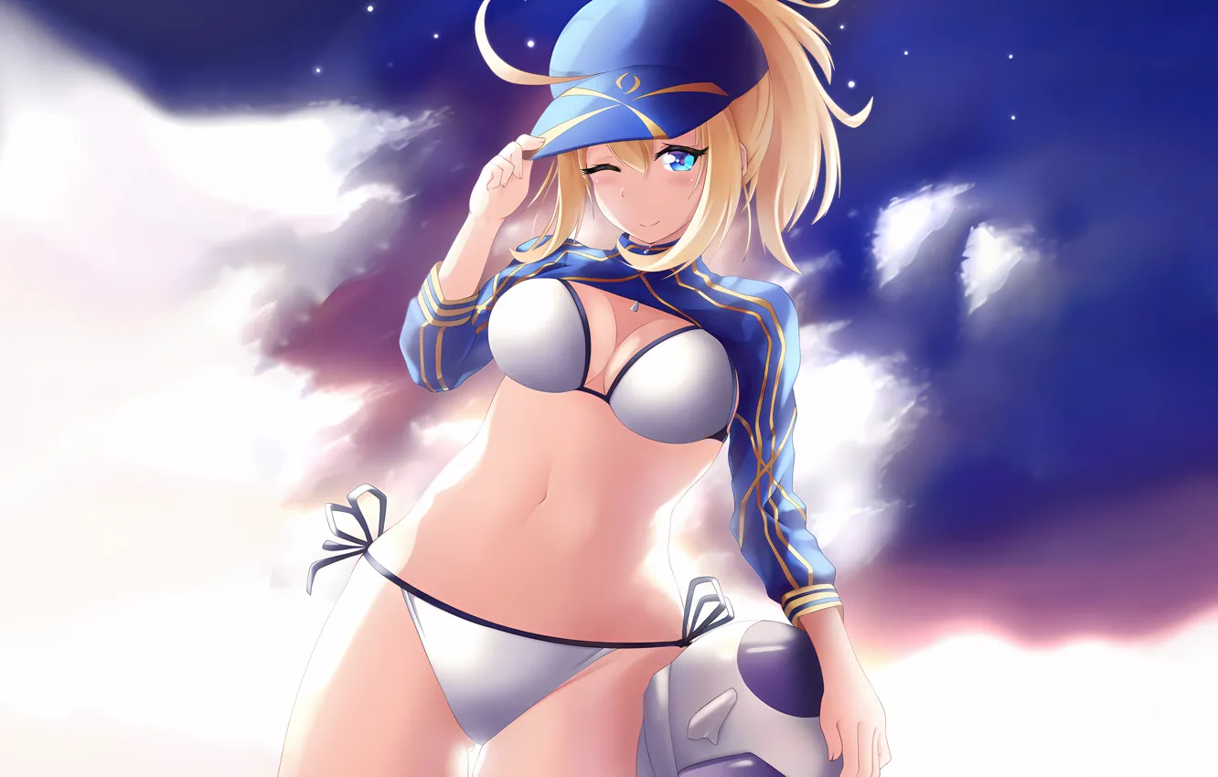 Photo wallpaper girl, sexy, cleavage, long hair, boobs, saber, anime, blue eyes