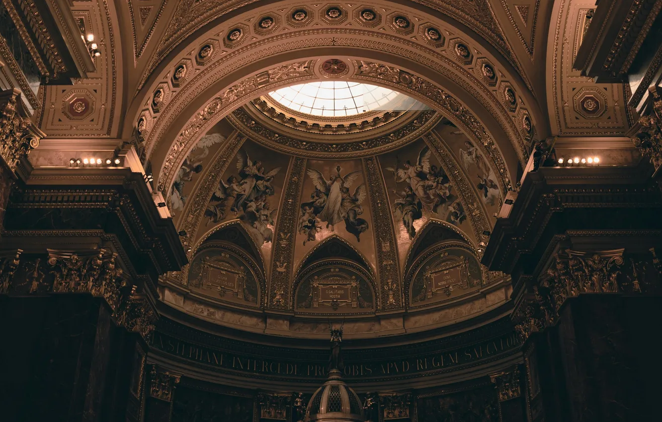 Photo wallpaper wings, interior, architecture, sunlight, Hungary, Budapest, church, classic art