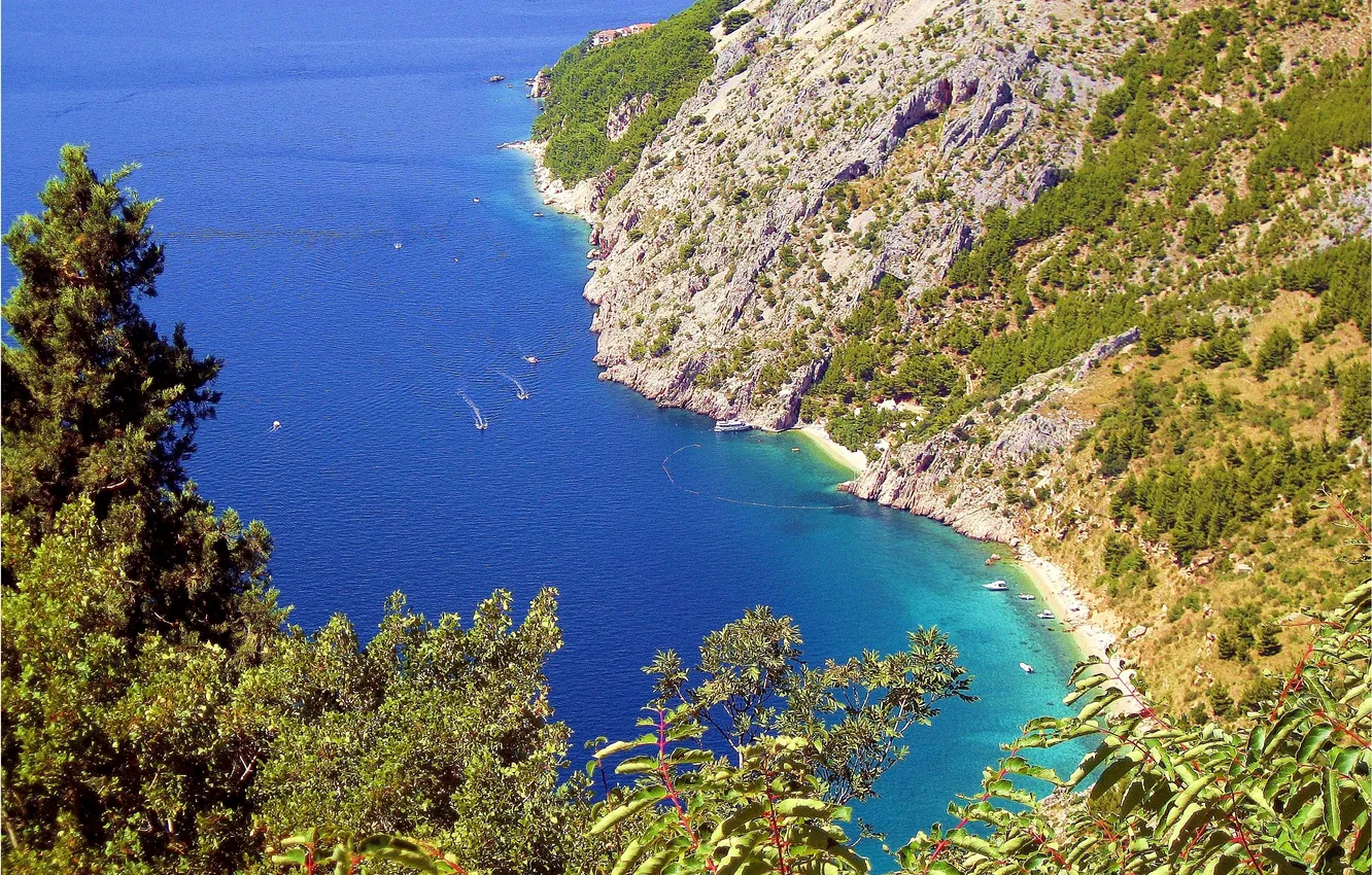Photo wallpaper mountains, coast, vegetation, boats, beaches, Croatia, The Adriatic sea, Makarska Riviera