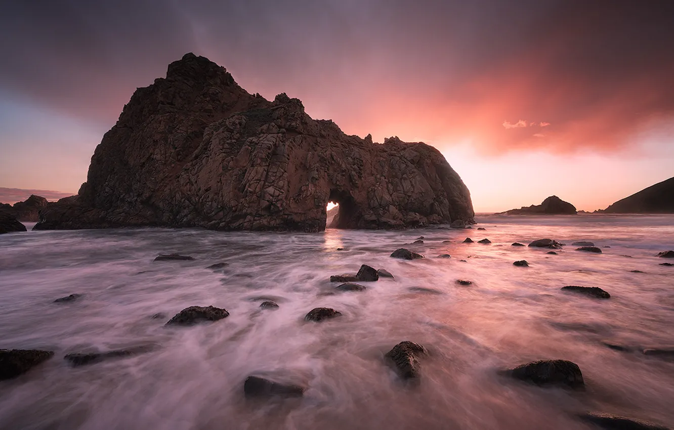 Photo wallpaper sunset, stones, rocks, CA, tide, Big Sur