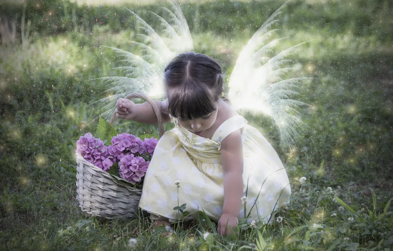 Photo wallpaper flowers, mood, girl, basket, wings, hydrangeas, little fairy