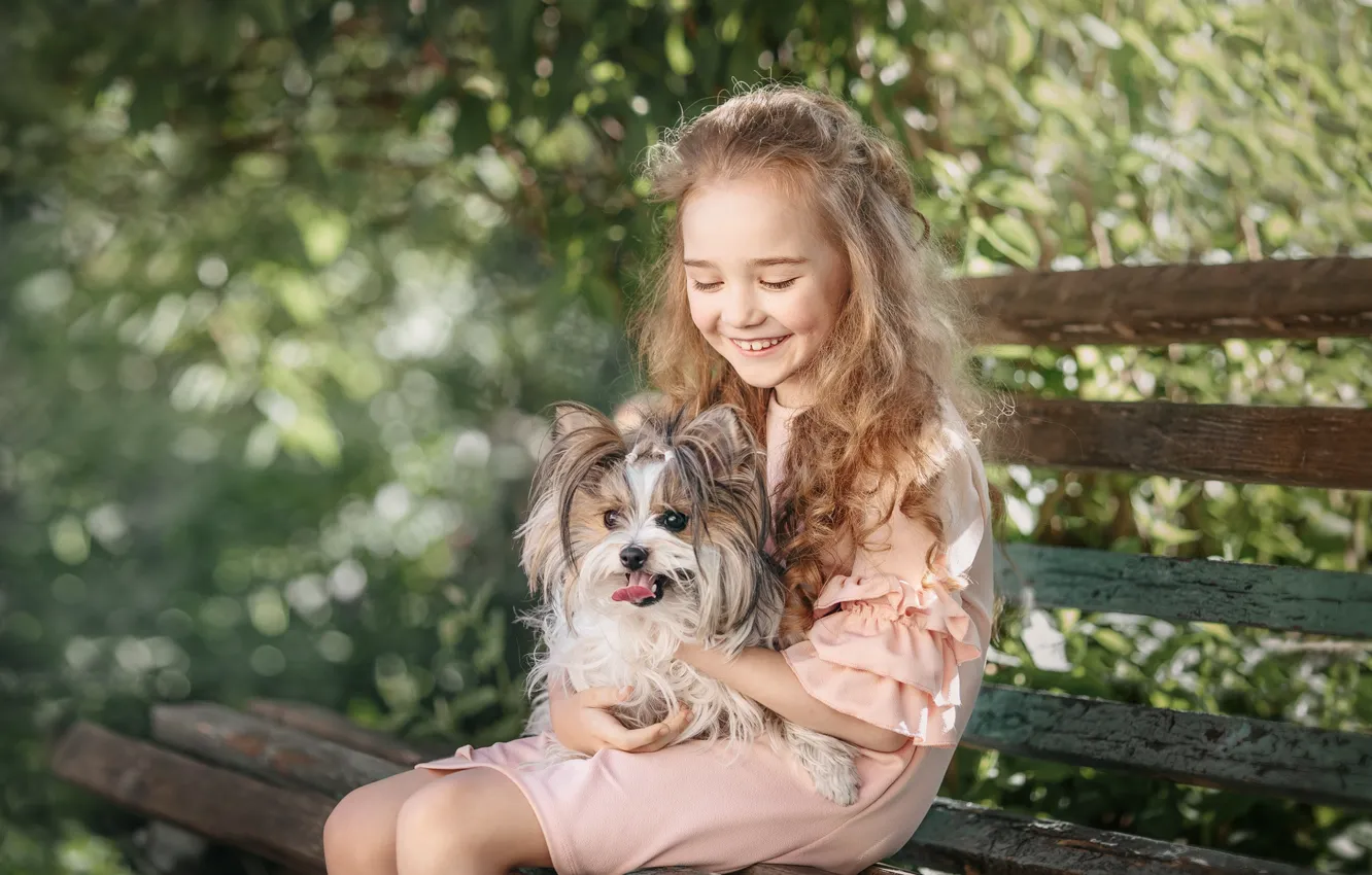 Photo wallpaper bench, laughter, dog, girl